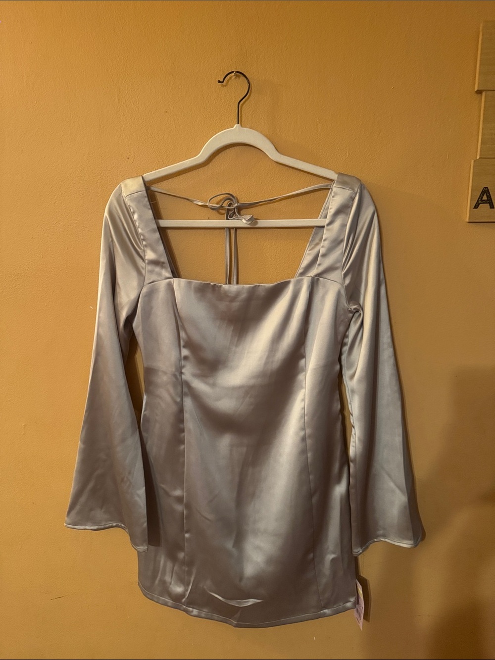 Satin Square-Neck Long Sleeve Mini Dress - Silver